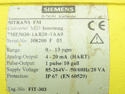 Siemens 7ME50301AB201AA0 SITRANS FM MID Intermag Flowmeter Transmitter 0-13 GPM