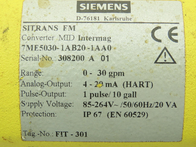 Siemens 7ME50301AB201AA0 SITRANS FM MID Intermag Flowmeter Transmitter 0-30 GPM