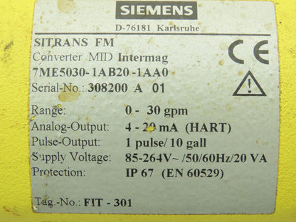 Siemens 7ME50301AB201AA0 SITRANS FM MID Intermag Flowmeter Transmitter 0-30 GPM