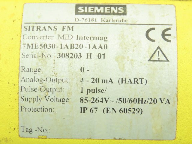 Siemens 7ME5030-1AB20-1AA0 SITRANS FM MID Intermag Flowmeter Transmitter 4-20 mA