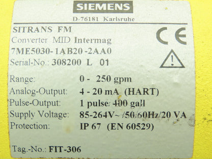 Siemens 7ME50301AB202AA0 SITRANS FM MID Intermag Flowmeter Transmitter 0-250 GPM