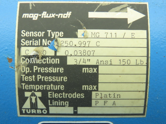 Turbo MG 711/E Mag-Flux-Ndf Flowmeter Valve 3/4" Flanged 150# PFA Lined