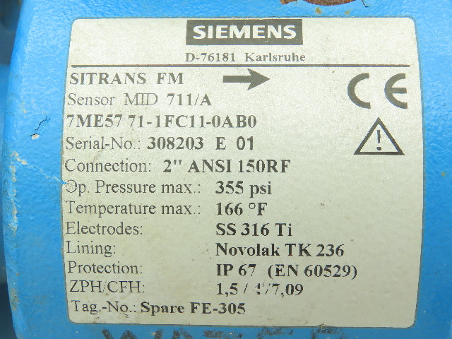 Siemens SITRANS FM MID 711/A Flowmeter Sensor  2" Flanged 150#  Novolak TK 236