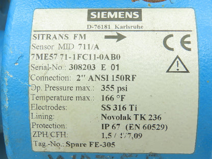 Siemens SITRANS FM MID 711/A Flowmeter Sensor  2" Flanged 150#  Novolak TK 236
