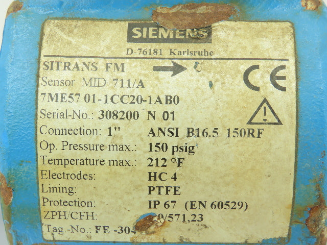 Siemens SITRANS FM MID 711/A Flowmeter Sensor  1" Flanged 150 PSI PTFE Lined