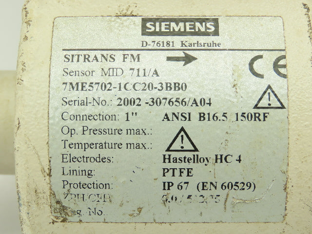 Siemens SITRANS FM MID 711/A Flowmeter Sensor  1" Flanged 150# PTFE Lined