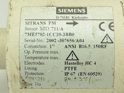 Siemens SITRANS FM MID 711/A Flowmeter Sensor  1" Flanged 150# PTFE Lined