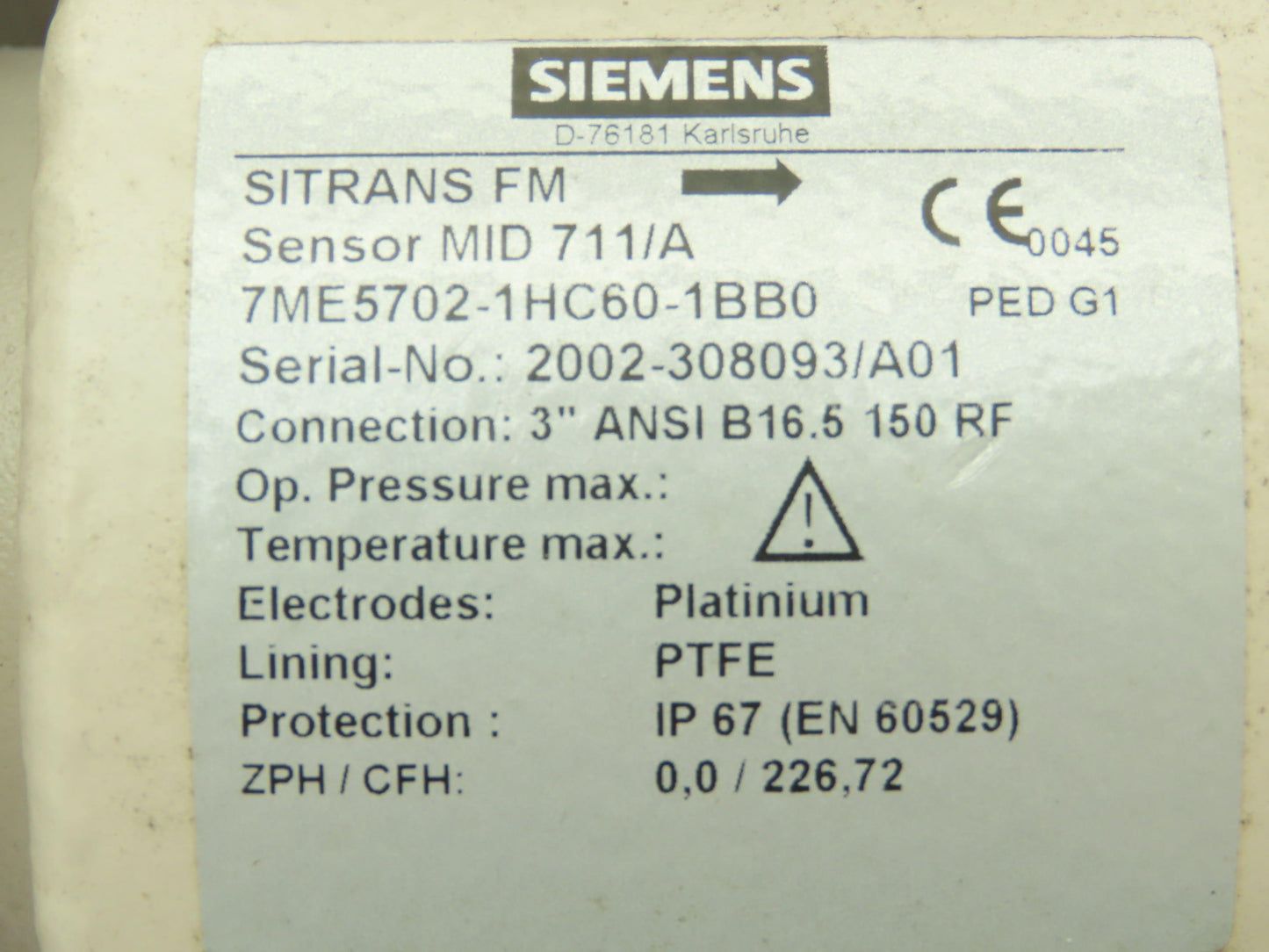 Siemens SITRANS FM MID 711/A Flowmeter Sensor Valve 3" Flanged 150# PTFE Lined