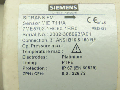 Siemens SITRANS FM MID 711/A Flowmeter Sensor Valve 3" Flanged 150# PTFE Lined