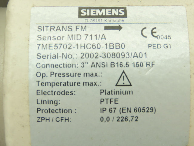 Siemens SITRANS FM MID 711/A Flowmeter Sensor Valve 3" Flanged 150# PTFE Lined