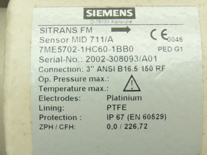 Siemens SITRANS FM MID 711/A Flowmeter Sensor Valve 3" Flanged 150# PTFE Lined