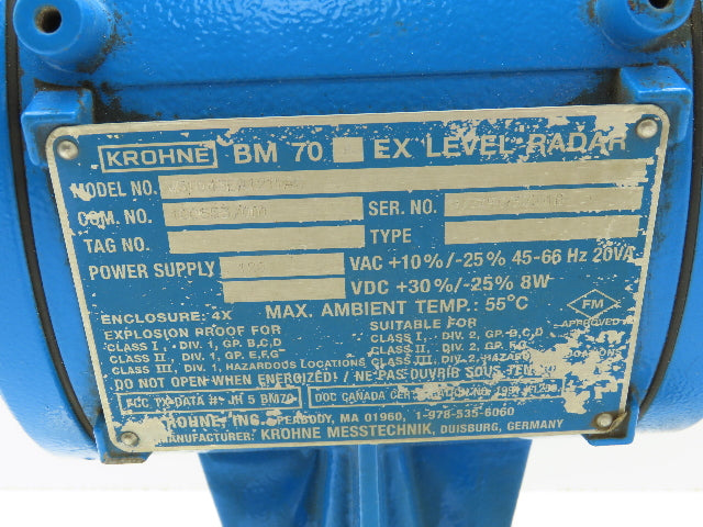 Krohne BM 70A Non-Contact Level Radar Gauge 4" SS Flange 150# PTFE 120V 4X