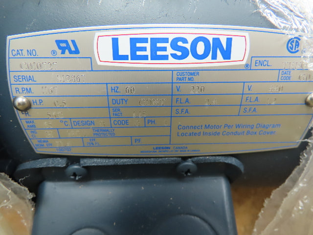 Leeson Electric Motor 1/2 0.5 HP 220/440V 3 Ph 56C 65°C Invertor Continuous Duty
