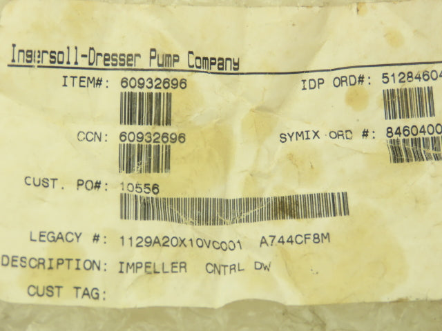 1129A20X10VC001 Stainless 5-Vane 10"OD 1"NPT Impeller For Ingersoll-Dresser Pump