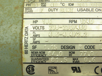 U.S. Motors T338A Energy Efficient Electric Motor 1.5HP 1740RPM 460V 3PH 145T Fr