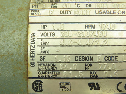 U.S. Motors T338A Energy Efficient Electric Motor 1.5HP 1740RPM 460V 3PH 145T Fr