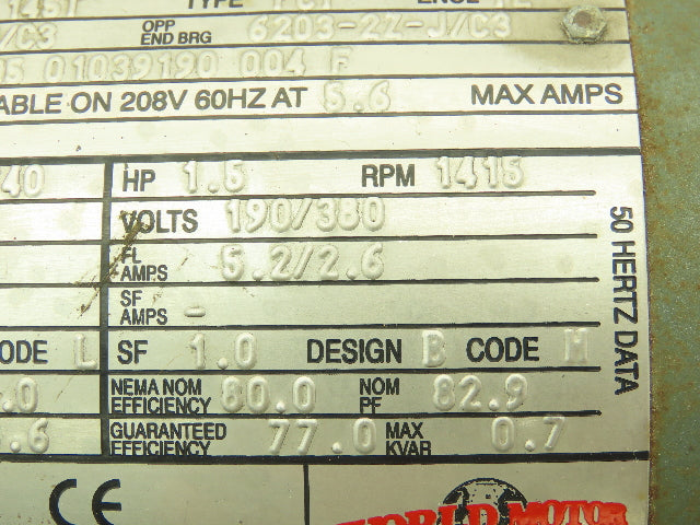 U.S. Motors T338A Energy Efficient Electric Motor 1.5HP 1740RPM 460V 3PH 145T Fr