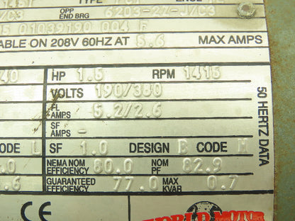 U.S. Motors T338A Energy Efficient Electric Motor 1.5HP 1740RPM 460V 3PH 145T Fr