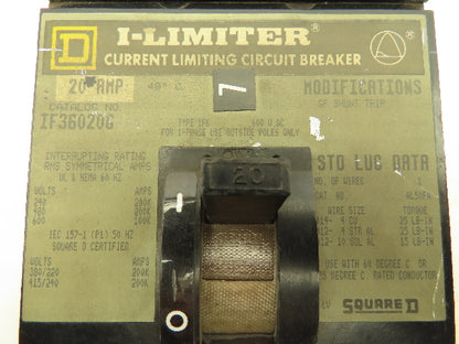 Square D IF36020G I-Line Circuit Breaker 3 Pole 20 Amp 600V Ground Fault Breaker