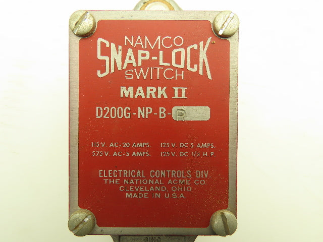 Namco D200G-NP-B-R Snap Lock Limit Switch Mark II 20A 115V 5A 575V