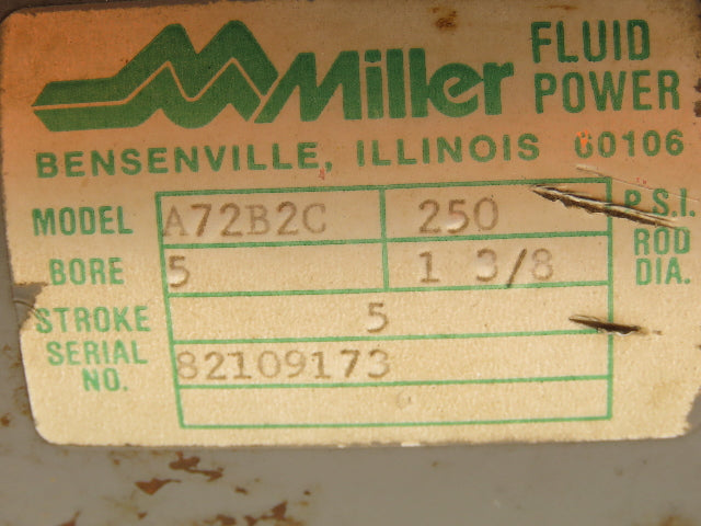 Miller A72B2C Pneumatic Air Cylinder Dbl Acting 5" Bore 5" Stroke 250PSI Foot Mt