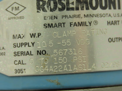Rosemount 3051CG4A22A1AS1L4 Pressure Transmitter 0-150 PSI 316L Flange Seal