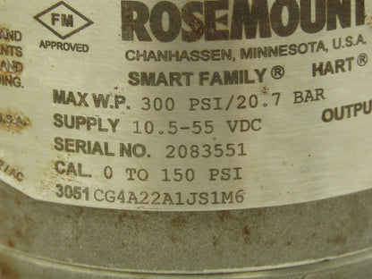 Rosemount 3051CG4A22A1JS1M6 Pressure Transmitter 0-150 PSI w/ 1199 Seal 2.75" ID