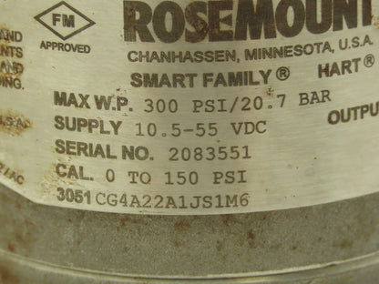 Rosemount 3051CG4A22A1JS1M6 Pressure Transmitter 0-150 PSI w/ 1199 Seal 2.75" ID