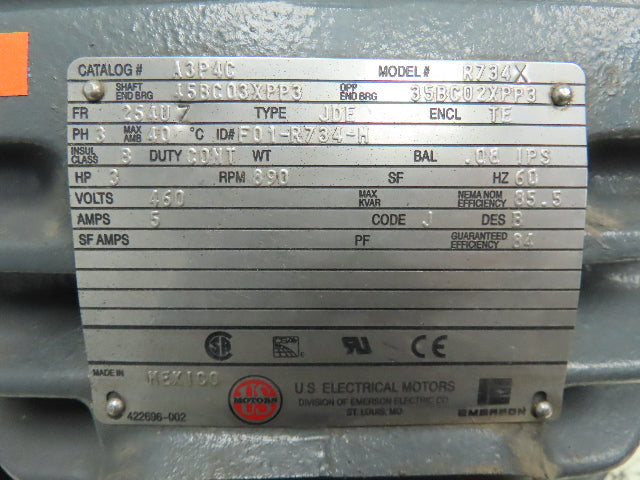 US Electric R734X 3 Hp 890 Rpm 254U7 Frame 460 Volt 3 Phase Motor