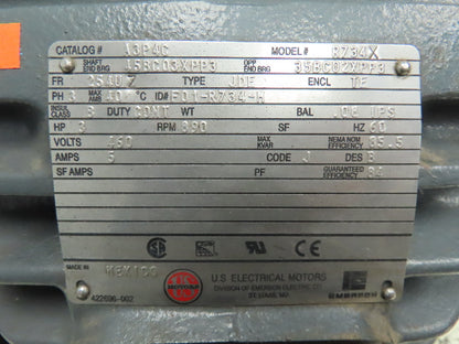 US Electric R734X 3 Hp 890 Rpm 254U7 Frame 460 Volt 3 Phase Motor