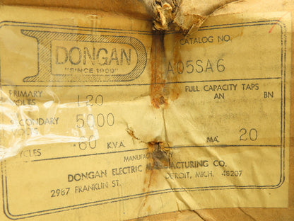 Dongan A05-SA6 Ignition Transformer 120V Primary 5000V Sec 115VA 60KVA Cycle