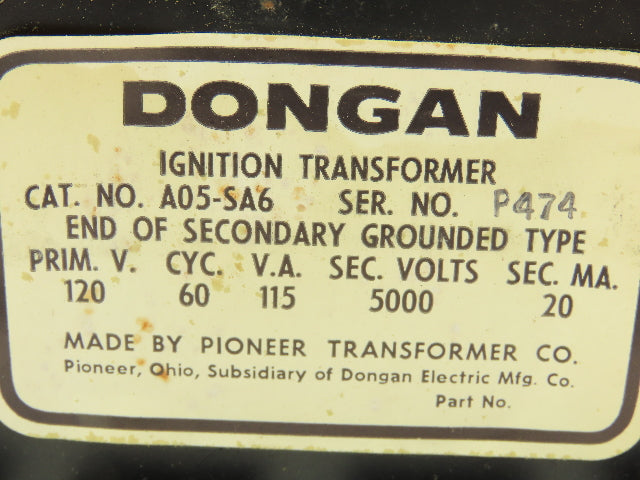Dongan A05-SA6 Ignition Transformer 120V Primary 5000V Sec 115VA 60KVA Cycle