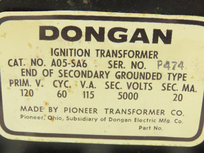 Dongan A05-SA6 Ignition Transformer 120V Primary 5000V Sec 115VA 60KVA Cycle