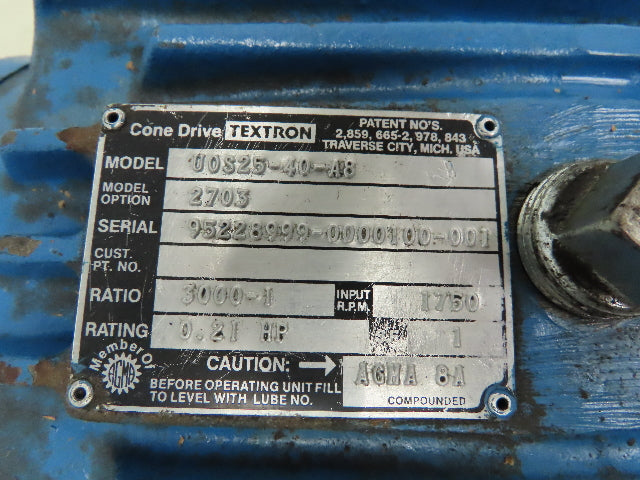 Cone Drive Textron U0S25-40-A8 3000:1 Double Reduction Gear Reducer 2-11/16" HS.