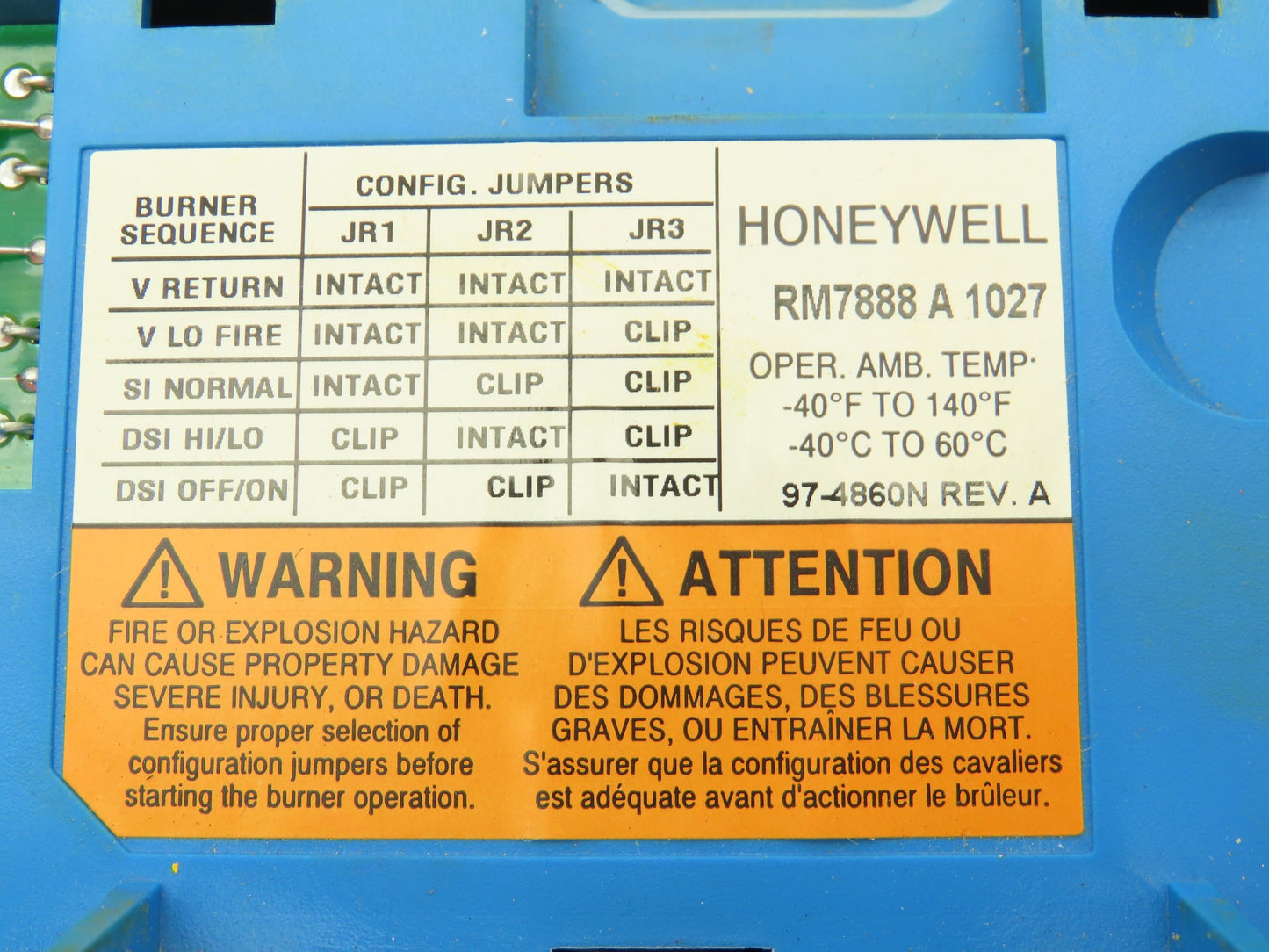 Honeywell RM7888 A 1027 Burner Control Flame Amplifier Rev A JR3 Jumper Cut