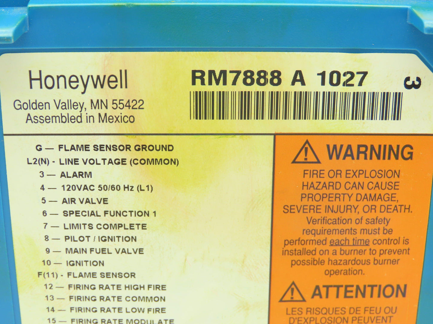 Honeywell RM7888 A 1027 Burner Control Flame Amplifier Automatic Primary Control