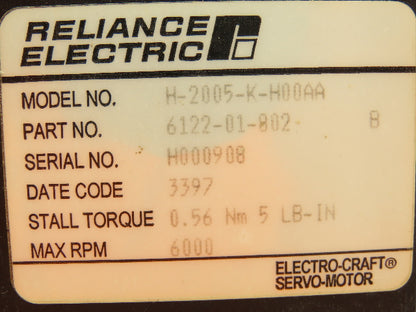 Reliance Electric H-2005-K-H00AA Servo Motor 6000 RPM 5 LB-IN 7/16" Shaft