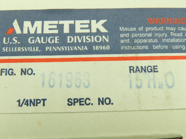 Ametek 161963 USG Pressure Gauge 0-15" H2O 2.5"Dial Face 1/4"NPT LOT OF 3