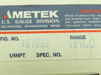 Ametek 161963 USG Pressure Gauge 0-15" H2O 2.5"Dial Face 1/4"NPT LOT OF 3