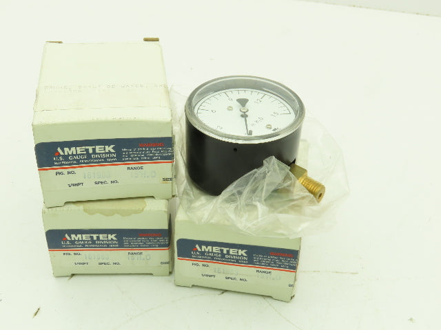 Ametek 161963 USG Pressure Gauge 0-15" H2O 2.5"Dial Face 1/4"NPT LOT OF 3