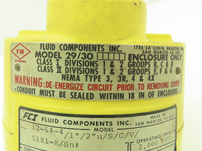 Fluid Component 12-64-4/1"/2"U/S/G/V/ Flow & Level Switch 2000PSI 115VAC 2"Probe