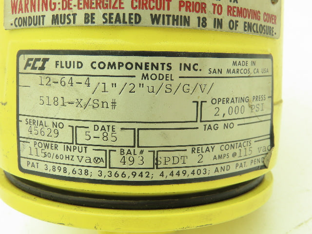 Fluid Component 12-64-4/1"/2"U/S/G/V/ Flow & Level Switch 2000PSI 115VAC 2"Probe