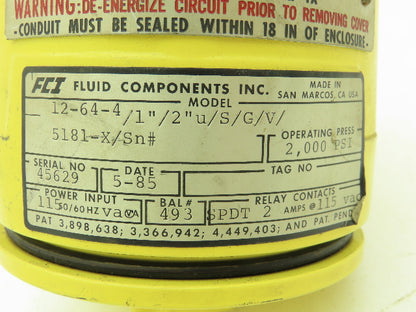 Fluid Component 12-64-4/1"/2"U/S/G/V/ Flow & Level Switch 2000PSI 115VAC 2"Probe