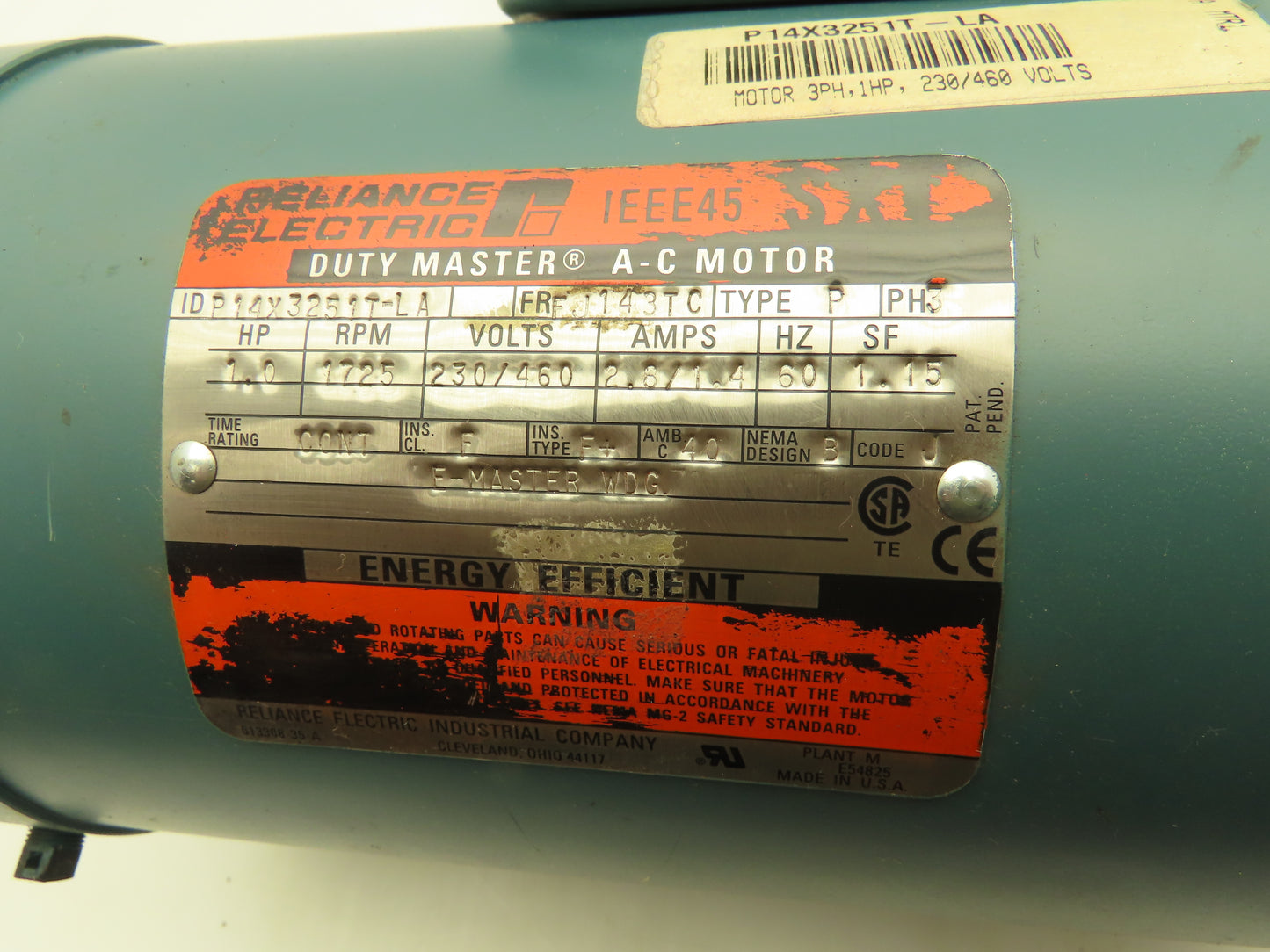 Reliance Duty Master P14X3251T-LA 1 Hp FJ143 Frame 230/460v 3ph Electric Motor