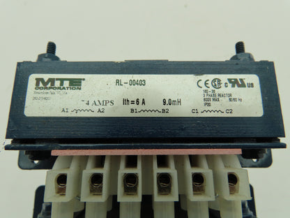 MTE RL-00403 Three Phase Line Reactor 9.0mH 4 Amp Ith=6A 600V Lot of 2