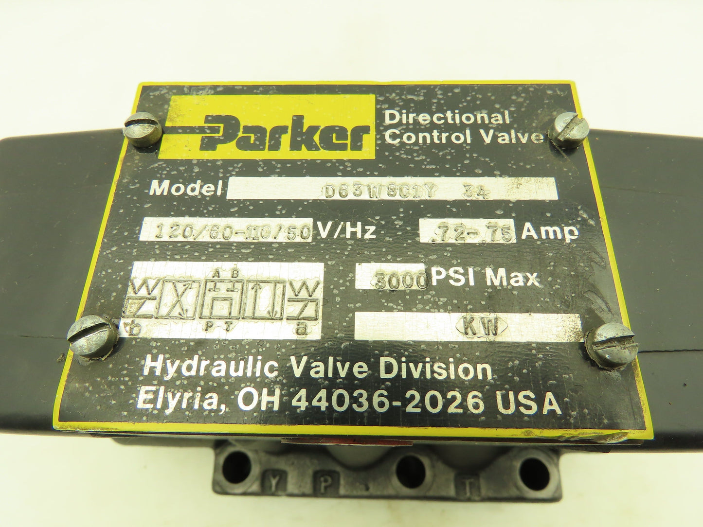 Parker D63W8C1Y Hydraulic Directional Control Solenoid Valve 120V 3000 PSI