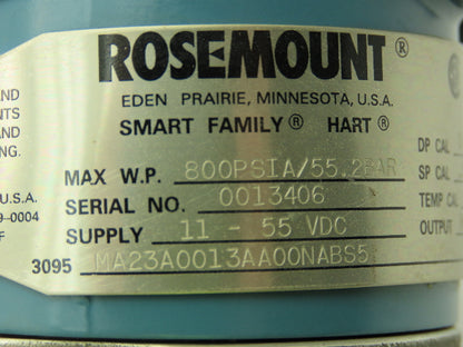 Rosemount 3095MA SMART HART Pressure Transmitter 0-250"H2O  MR808SCT 316SS Valve