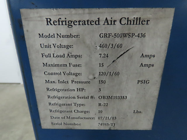 Thermal Precision GRF-500WSP-436 Refrigerated Air  Chiller 500 SCFM  460v 3ph