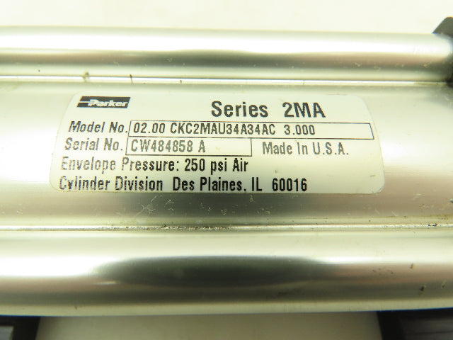 Parker 2MA Pneumatic Double Rod Air Cylinder 2" Bore 3" Stroke Side Lug 250 PSI
