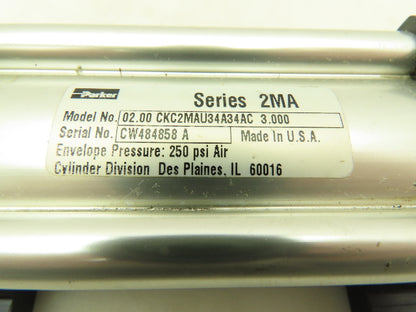 Parker 2MA Pneumatic Double Rod Air Cylinder 2" Bore 3" Stroke Side Lug 250 PSI